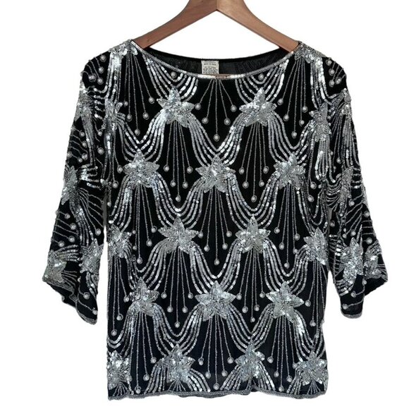 Vintage Retro Black Hand-Beaded Sequin Women's Top 100% Silk Size Medium - Picture 1 of 7